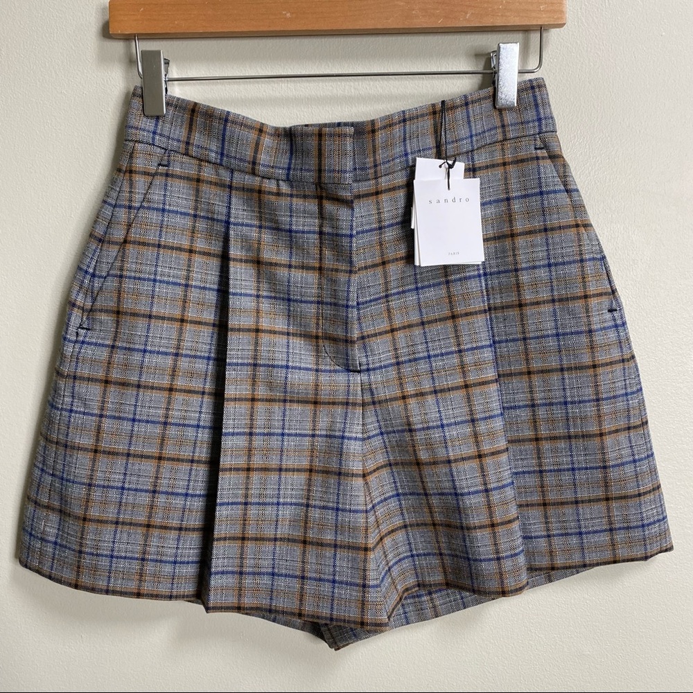 Sandro Paris Grey Plaid Printed Knit Shorts Size 8 - Picture 5 of 16